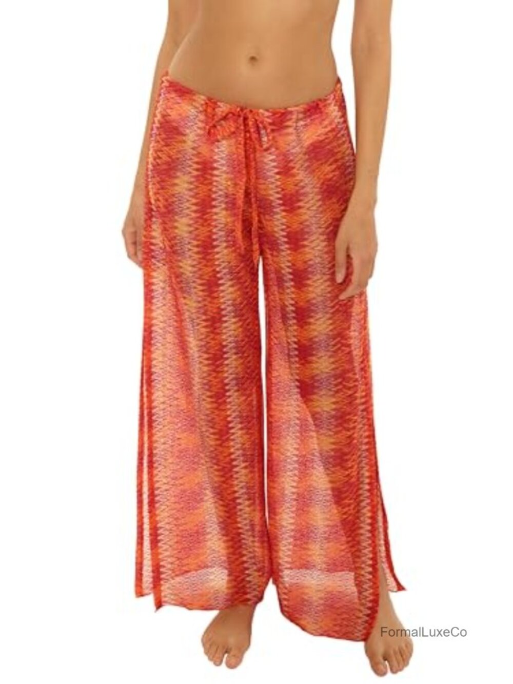 Metallic Polyester Split Leg Beach Cover Up Pants Drawstring Harem Casual